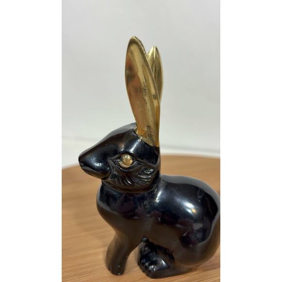 Black Brass Rabbit Hare Bronze Gold Ears MCM 4 3/4" Tall Bunny Retro Vintage - Picture 12 of 12